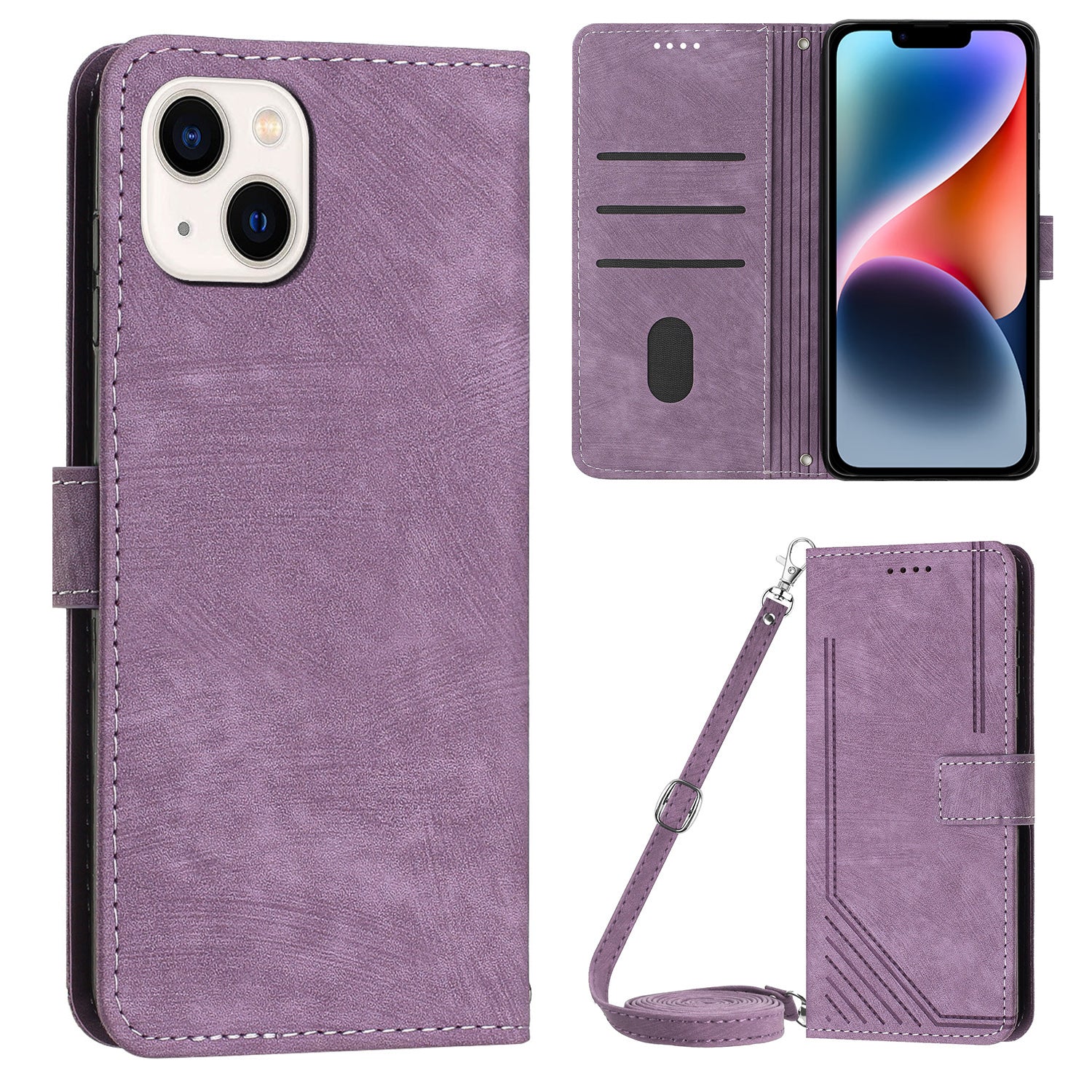 For iPhone 14 Plus Flip Folio Cover PU Leather Lines Imprinted Stand Crossbody Wallet Phone Case For iPhone 14 Plus Flip Folio Cover PU Leather Lines Imprinted Stand Crossbody Wallet Phone Case